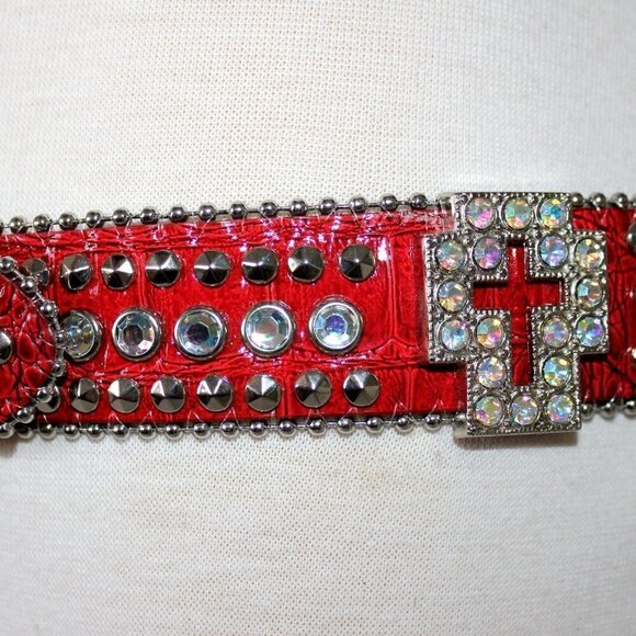 Western Red Bling Cross Belt & Buckle Aurora Borealis AB Crystal Accent SM